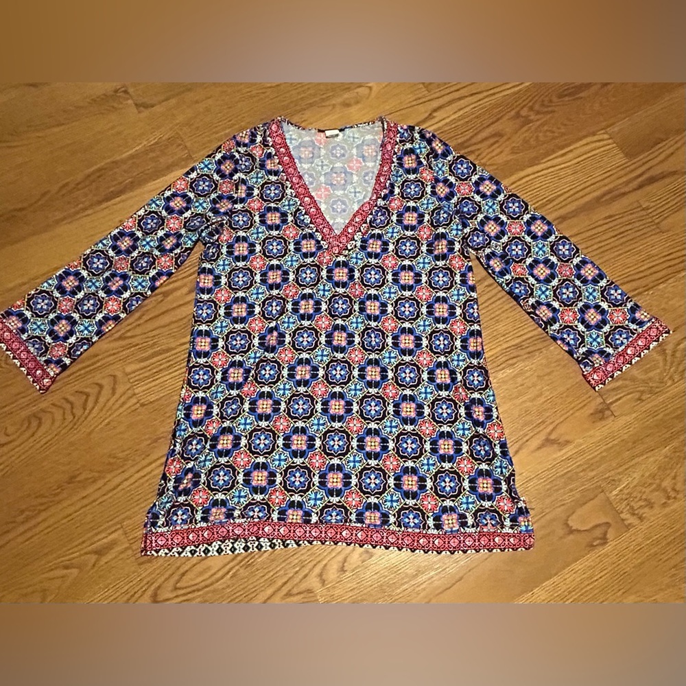 La Blanca Swim Cover Up Tunic Dress V-Neck Beach Mosaic‎ Floral Womens Large - Picture 2 of 8